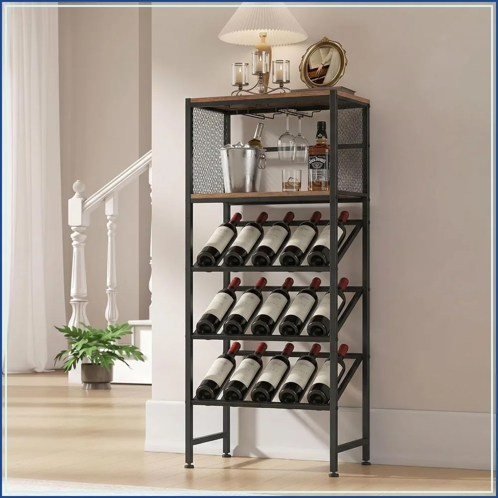 

3-Tier Freestanding Wine Rack with Glass Holder & Storage Shelves, Sturdy Corner Cabinet for Kitchen, Living Room, Home Bar