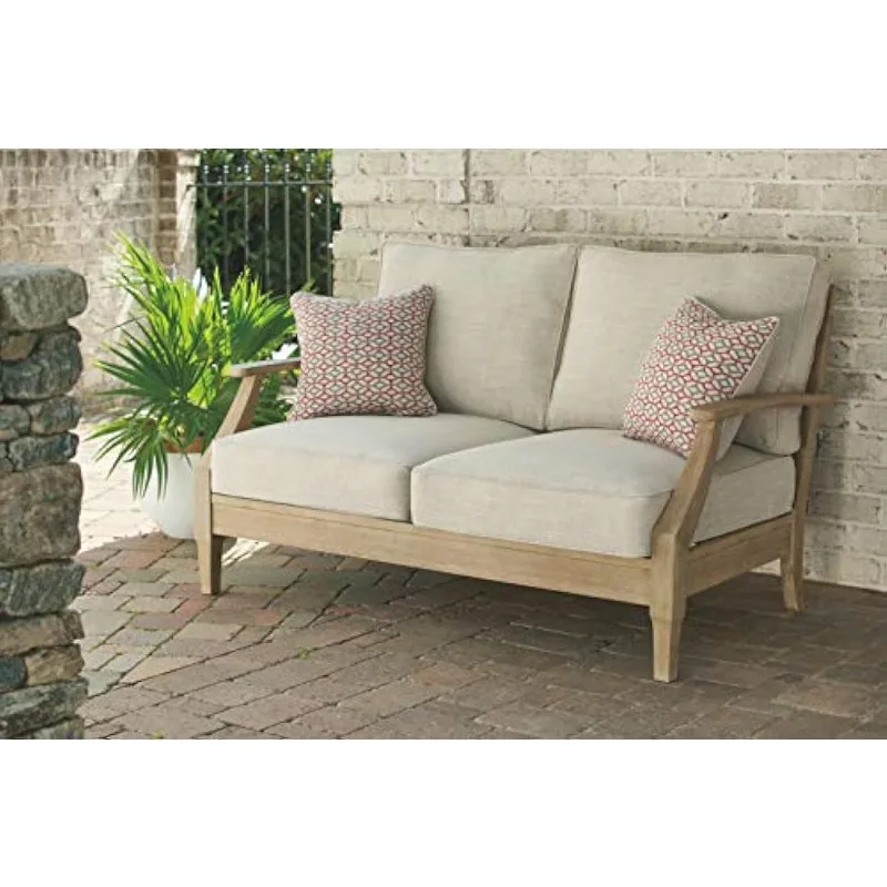 Clare View Coastal Outdoor Patio Eucalyptus Loveseat with Cushions, Beige