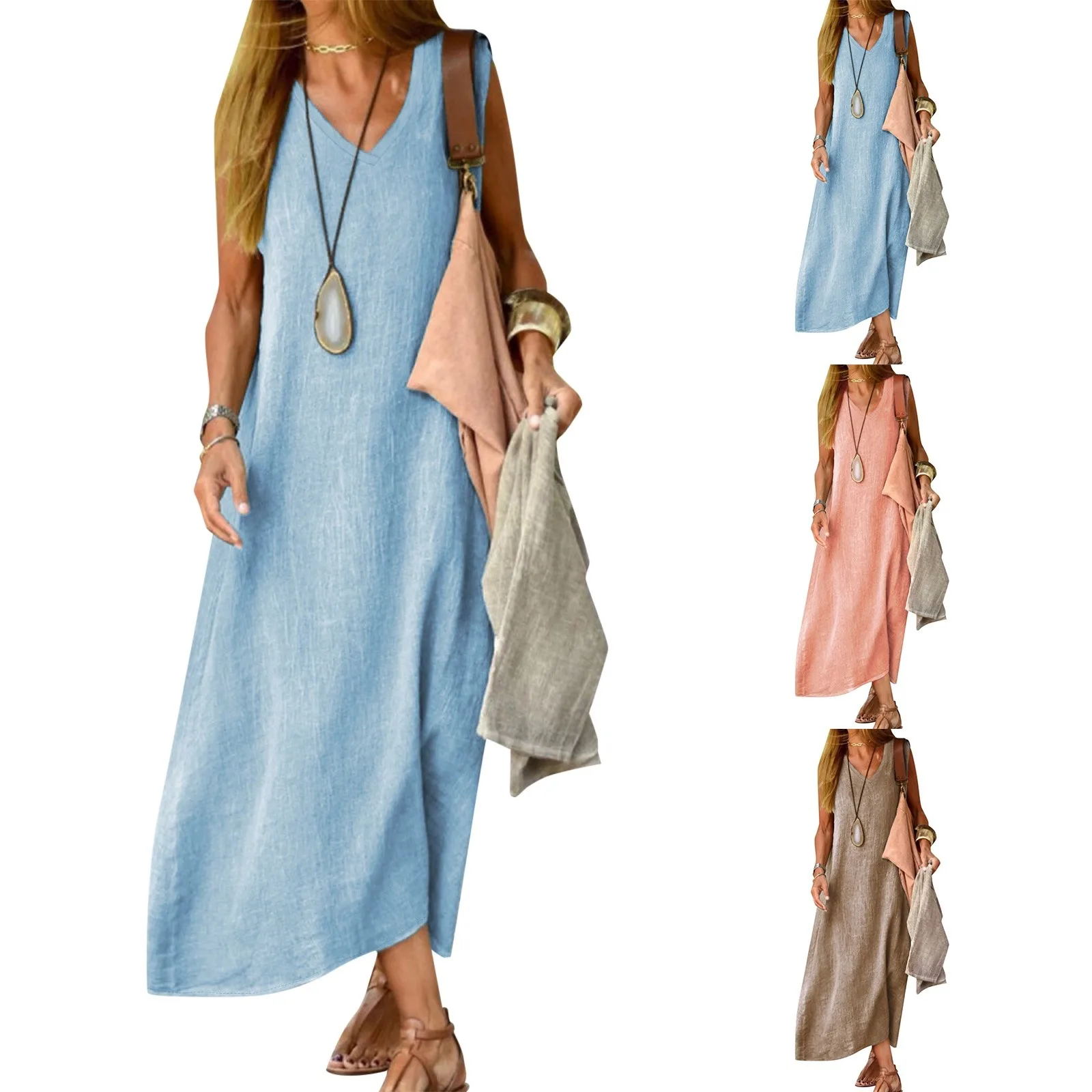 Robe de soirée en coton et lin pour femme, robe longue, col en V, robe maxi, robe d'été décontractée, robe unie, robe de soirée éducative, document solide, précieux