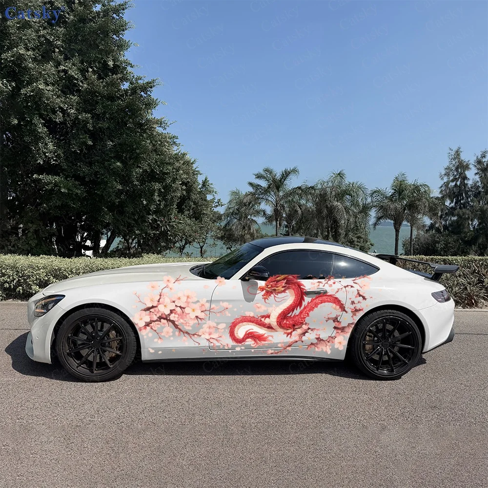 2Pcs Red Orange Abstract Paint Streaks Car Side Stickers, Automotive Door Side Graphics for Cars, Car Decoration Accessory