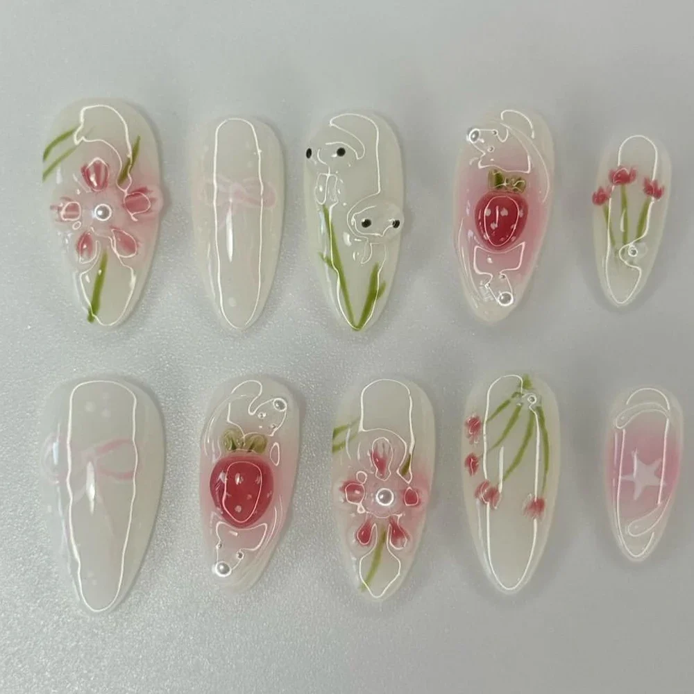 10Pcs Pure Handmade High Quality Almond Press On Nails Art Party Sticker 3D Flower Shell French Heart Diamond Fake Nails