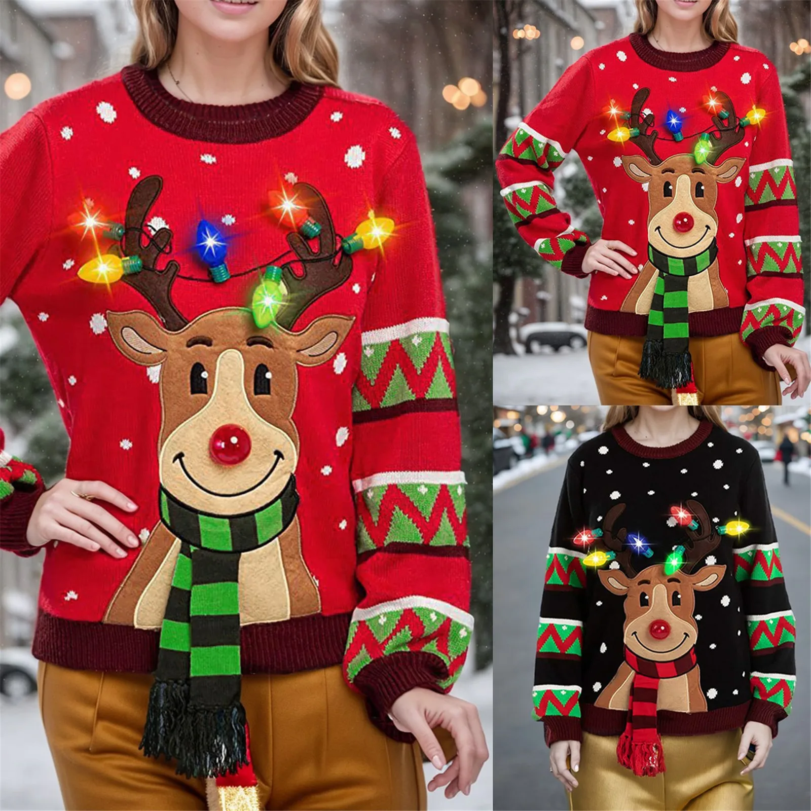 Women LED Light Up Holiday Sweater Christmas Cartoon Reindeer Knit Pullover Top Round Neck Warm Soft Ugly Christmas Sweater