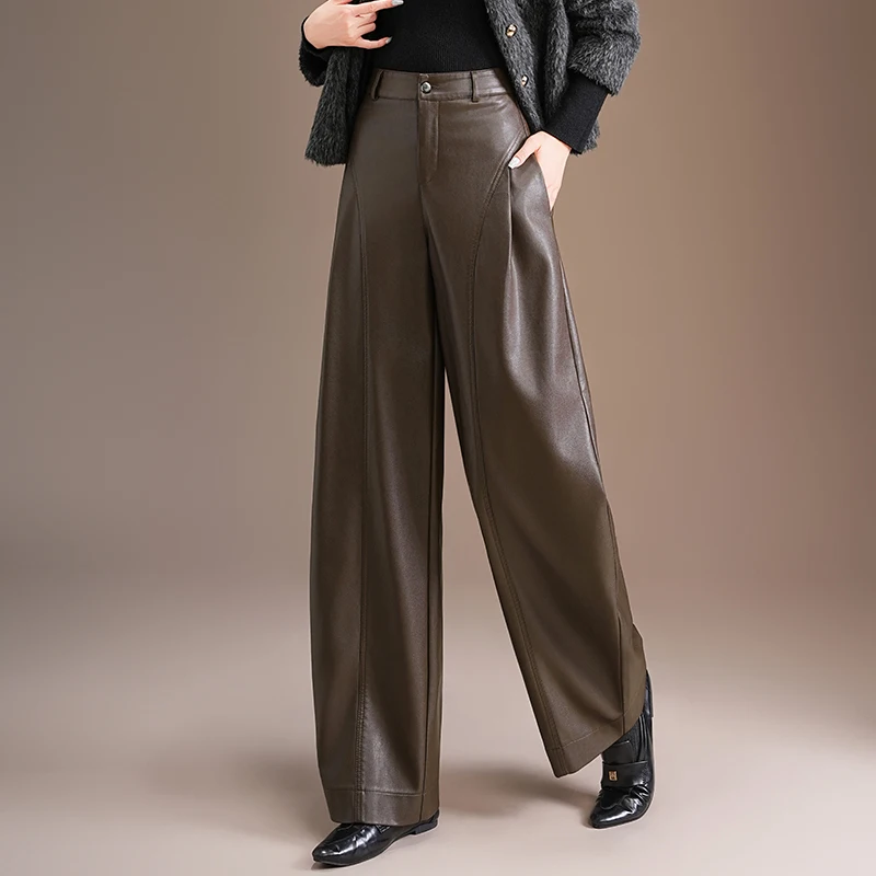 

High Waist Thiened PU Leather Wide Leg Pants Casual Slimming Knife Women's Leather Pants Autumn Winter New Sle