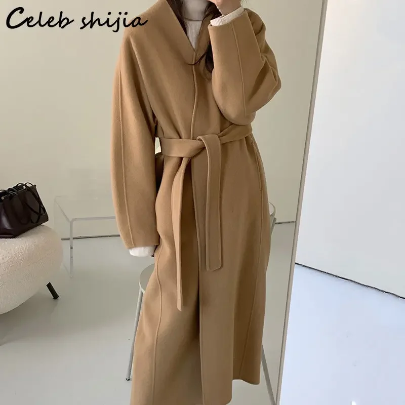 

Winter Khaki Wool Jacket Women Raglan Sleeve with Belt V-neck Elegant Blend Coats Ladies Oversized Vintage Outfit Autumn