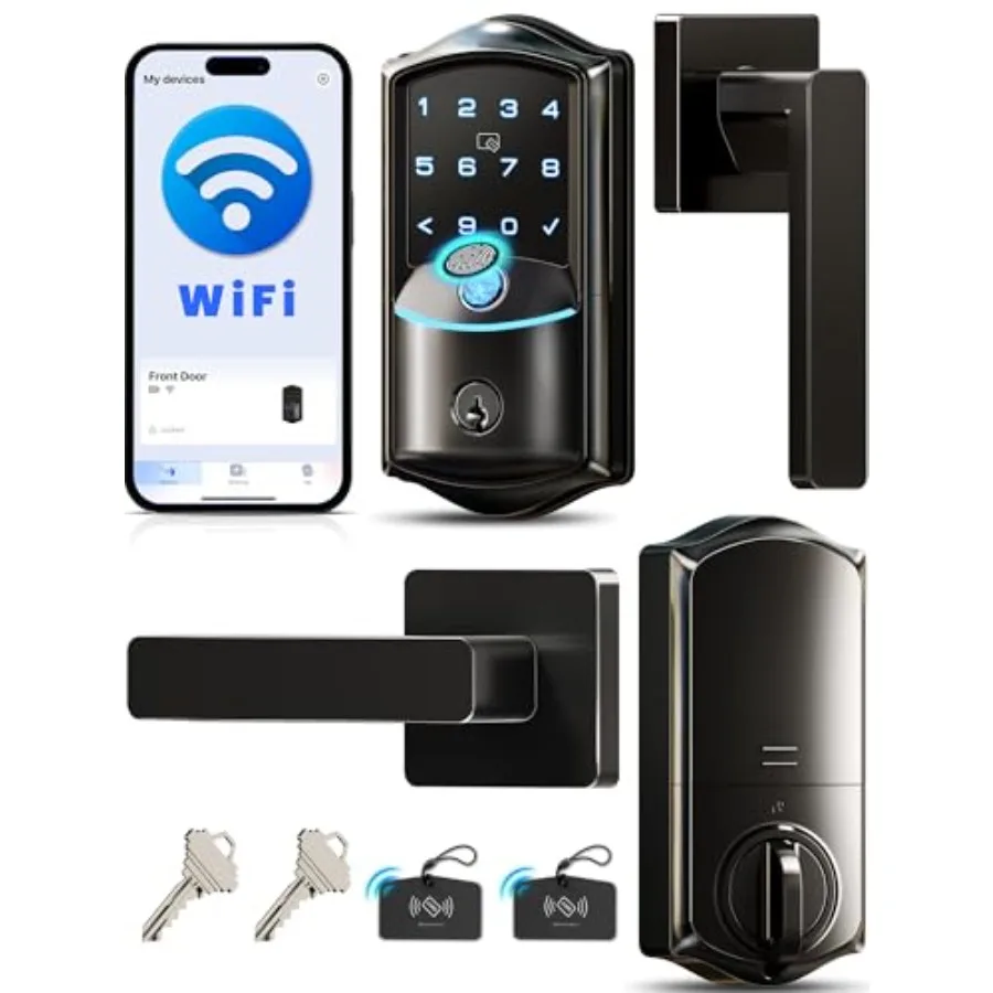 

VE027-L Умный замок со встроенным Wi-Fi и ручками-рычагами, набор для двери с функцией входа без ключа по отпечатку пальца, электронный, с дистанционным управлением через приложение