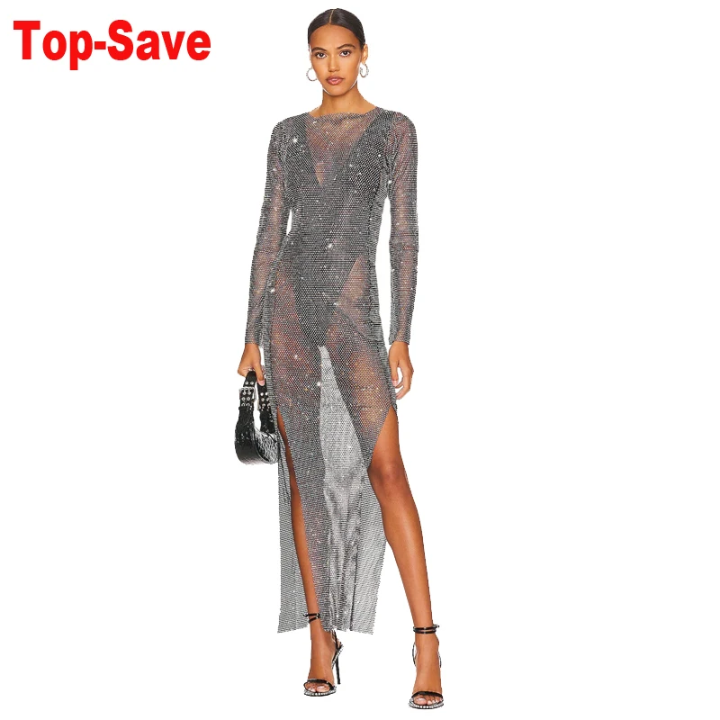 Black White Vintage Halloween Costumes Rave Festival Clothing Hollow Out Long Sleeve Women Rhinestone Dress See Through Bodycon