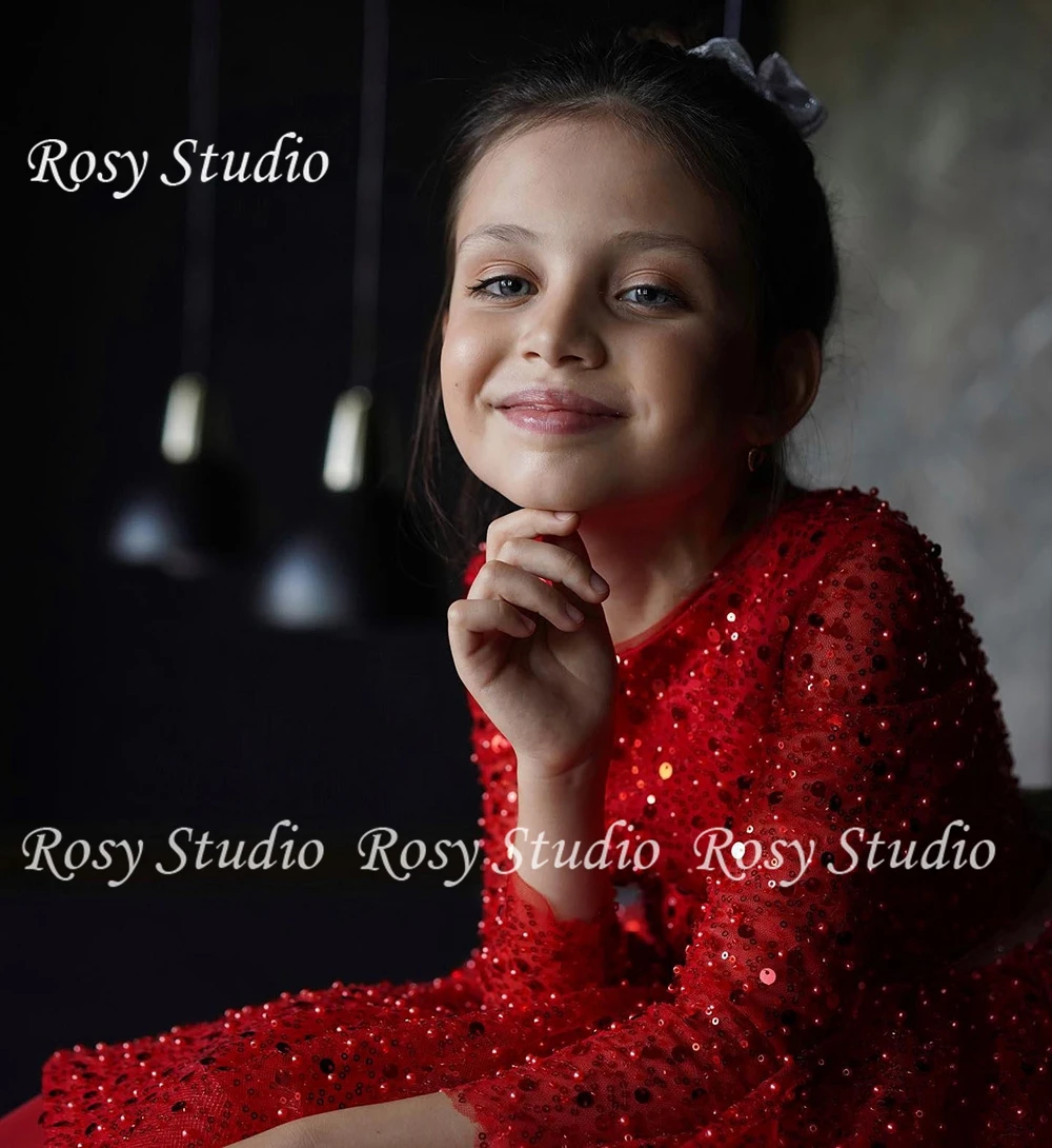 Vestido Rojo de flores para niña, minivestido de fiesta de cumpleaños con mangas, cuello redondo y cuentas de lujo