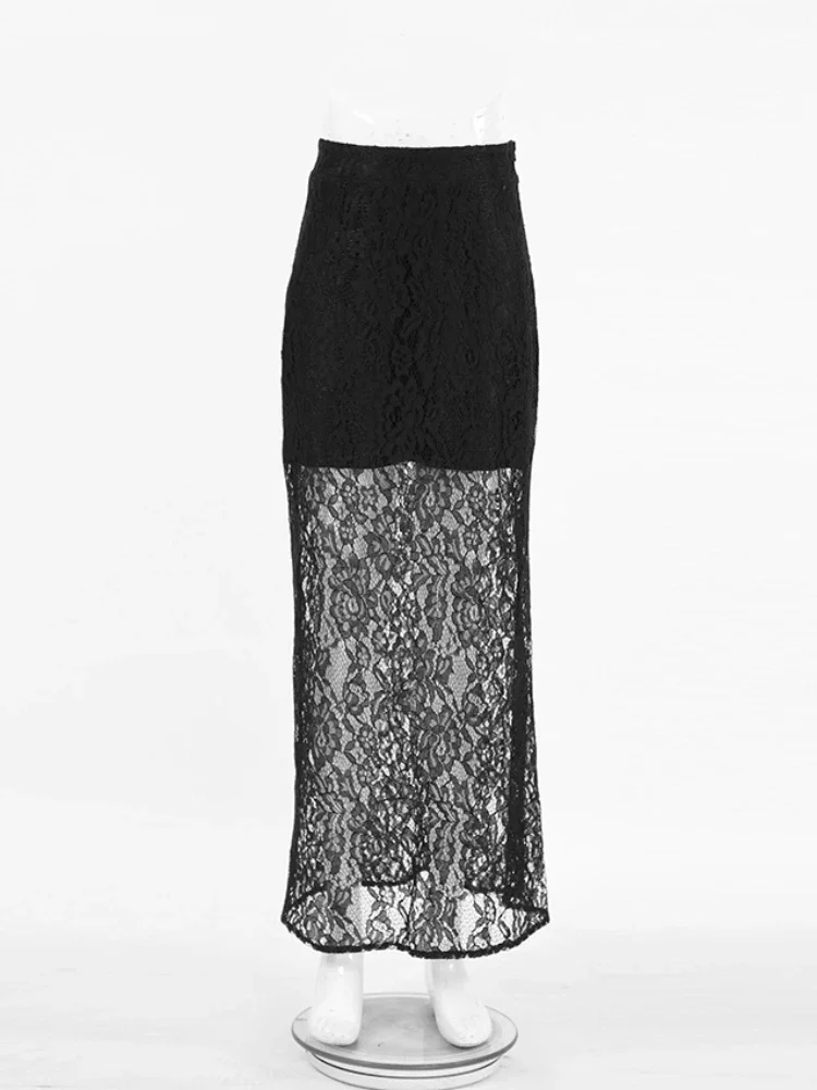 HOUZHOU Vintage Black Lace Skirt Women Y2K Perspective Sexy High Waist Ankle Length Long Skirt Streetwear Elegant Office Lady