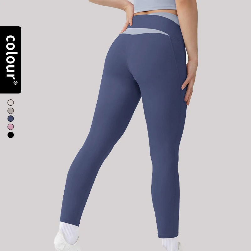 Women Color Block Nude Feel Yoga Leggings High Waist Butt Lifting Quick Dry Spliced High Intensity Fitness Running Pants