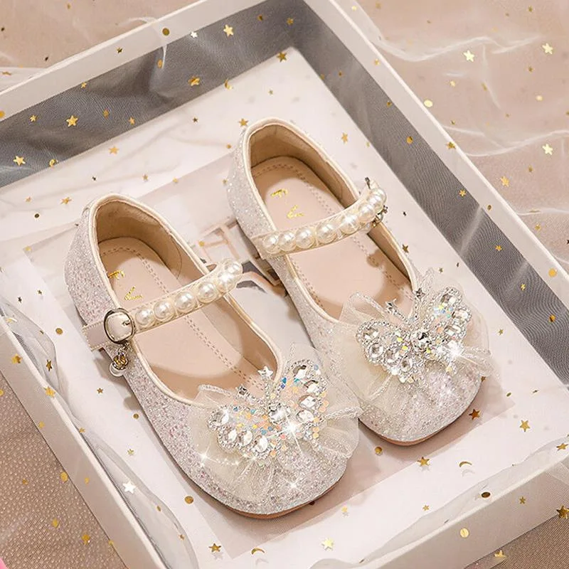 Spring Autumn Girls Bow Crystal Princess Shoes Kids Shiny Leather Shoes Children Soft-Soled Mary Janes Buckle Dance Casual Shoes