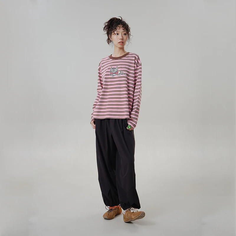 MOVEUP Women's Casual Pants 2026 Autumn Elastic Waist Contrast Piping Trim Multi Pockets Loose Slim Straight Trousers 3ELQ20133