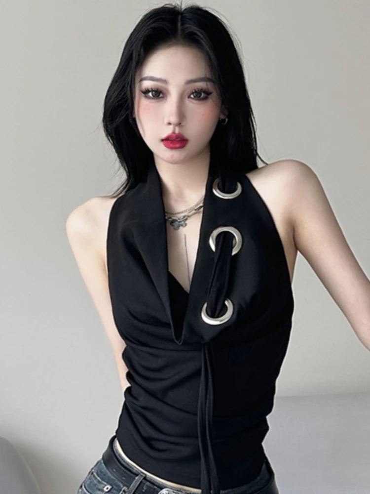 

Милый и острый топ с открытой спиной и лямкой на шее, женский топ с v-образным вырезом и серебряной люверсой, шикарный летний модный топ без рукавов Y2K