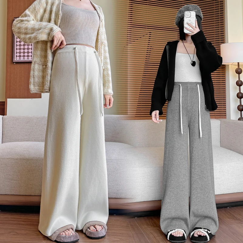 

Maternity Pants Autumn/Winter Knitted Straight Wide-Leg Trousers Casual Minimalist Slim Floor-Length Thick Pregnancy Trousers