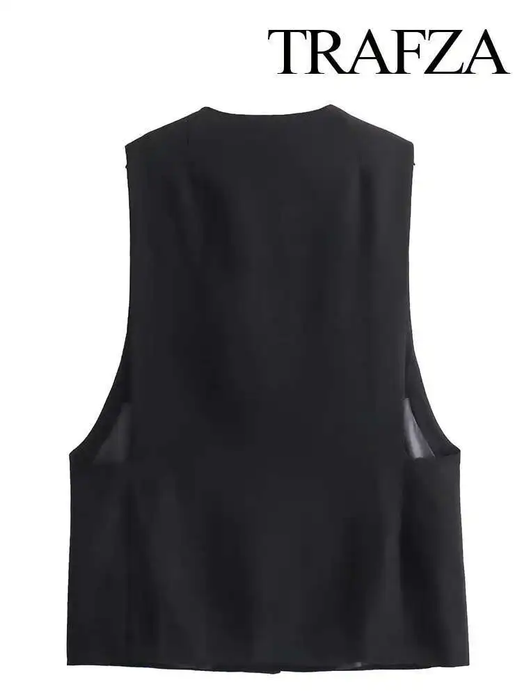 

New Summer Women Fashion Split Design Vest V-Neck One Button Sleeveless Dew Shoulder Pocket Decoration Slim Top Street Wear