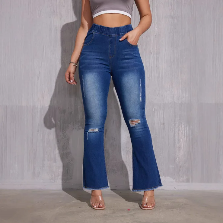 

2026 Denim Flare Pants Women Y2k Hole Jeans Boot Cut Stretch Elastic Waist Distressed Washed Streetwear Ankle Length Trousers