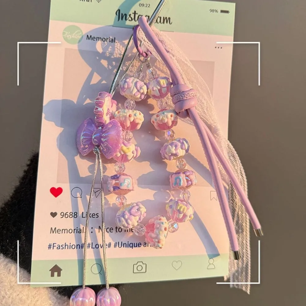 

New Bowknot Leather Rope Keychain Hand-painted Beaded Mobile Phone Lanyard Y2K Rope Bag Charms Gifts