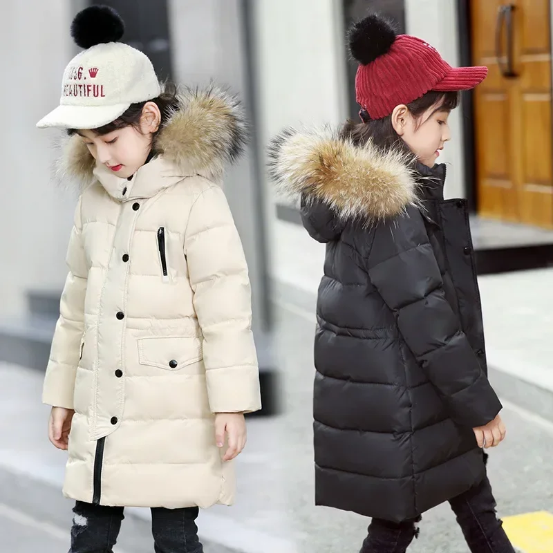 2024 Winter Children Down Jacket For Girls Thick Warm Faux Fur Hooded Long Teenage Girl Outerwear Coat 2-12 Years Kids Outfits