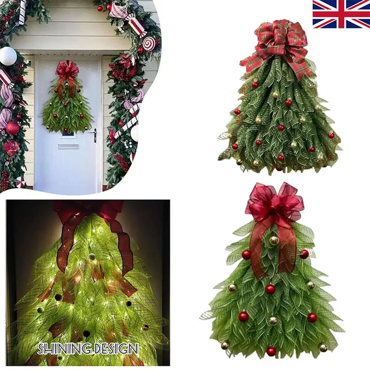 Pre-Lit Christmas Tree For Decorating Outdoor, Red Green Door Wreath 2024