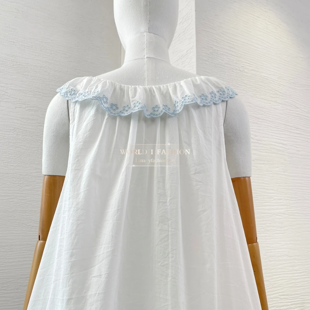 2025 New White Embroidery Sleeveless Ruffles Frilled Mini Dress