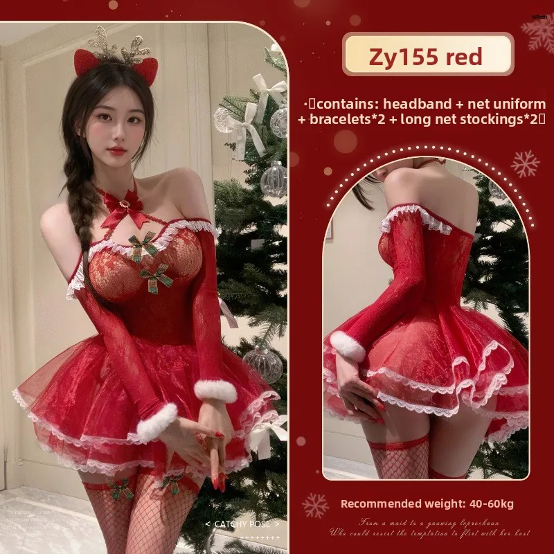 جديد مثير الملابس الداخلية عيد الميلاد الرنة انظر من خلال فساتين شبكة قابلة للإزالة مجموعة موحدة، مثير يمزح بيبي دول غريبة