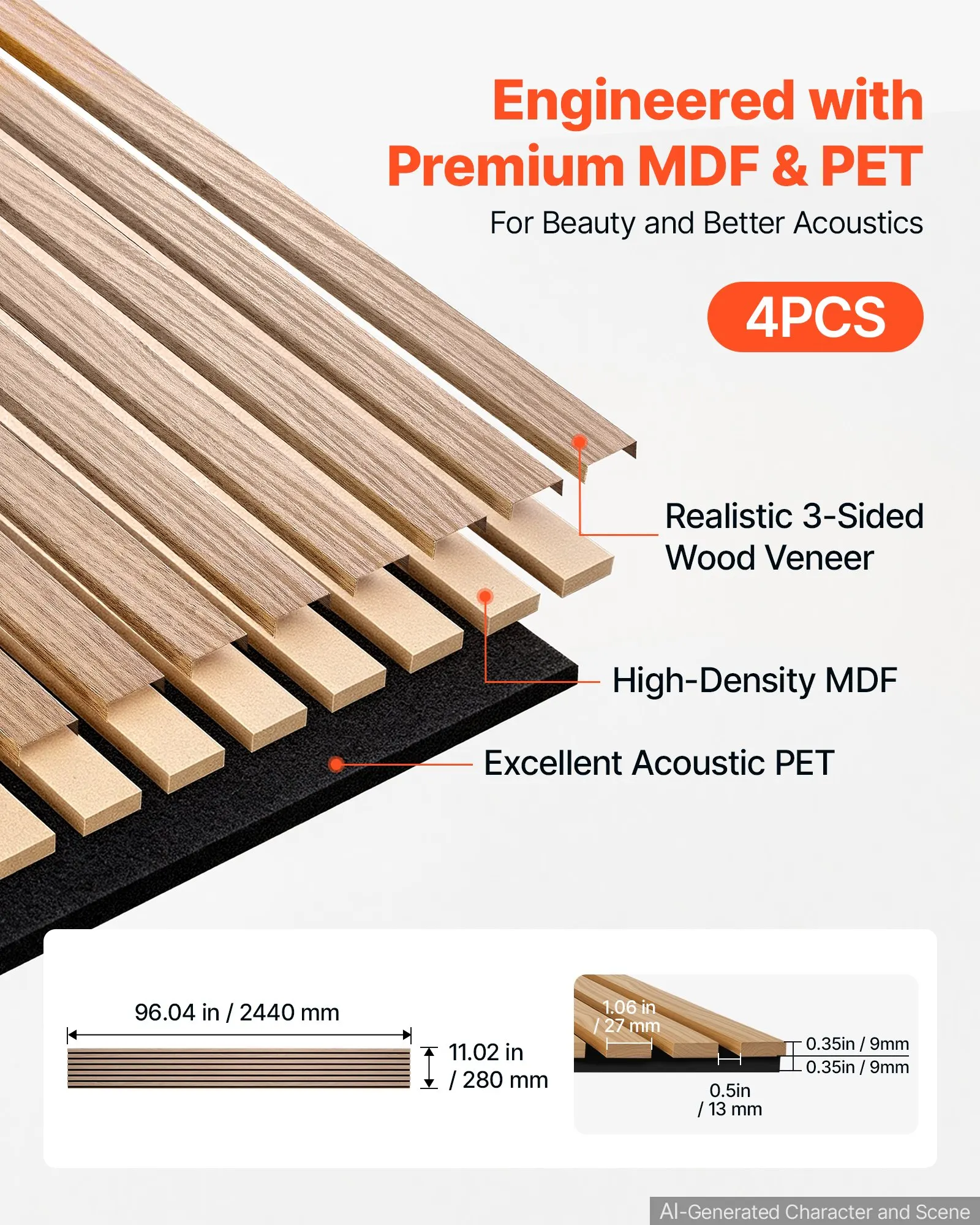Wood Wall Panels, 96.1 x 11 in, 4-Pack, Acoustic Slat Panels, Walnut Finish, Sound Absorbing for Living Rooms, Bedrooms, Offices, Studios, Interior Wall Decor, MDF & PET Construction, Screw Kit