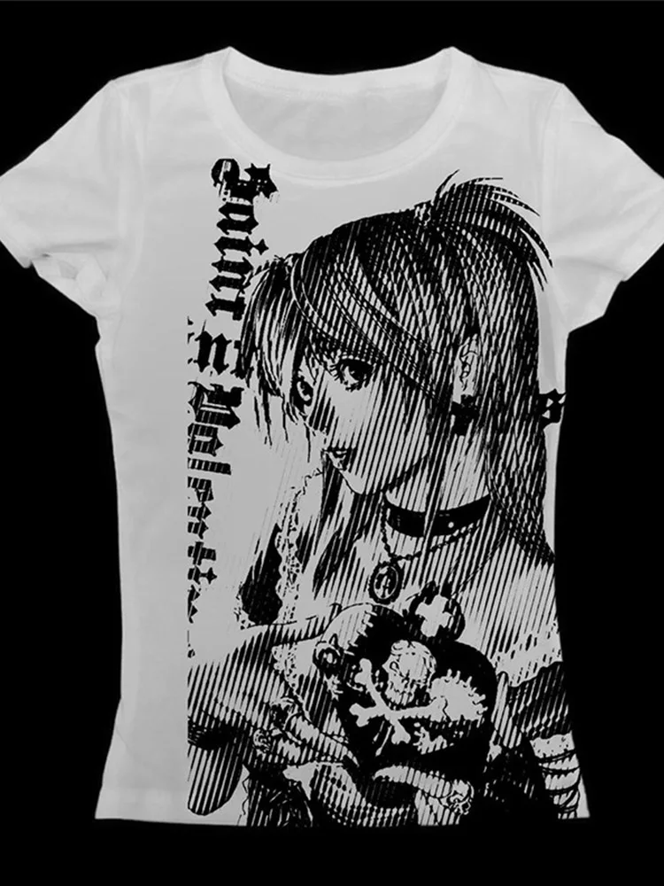 المرأة الجديدة Y2k أنيمي الشارع ارتداء س الرقبة 90s النص قميص مطبوع Harajuku ملابس نسائية بسيطة الرجعية Umbilized تي شيرت الجمالية ايمو
