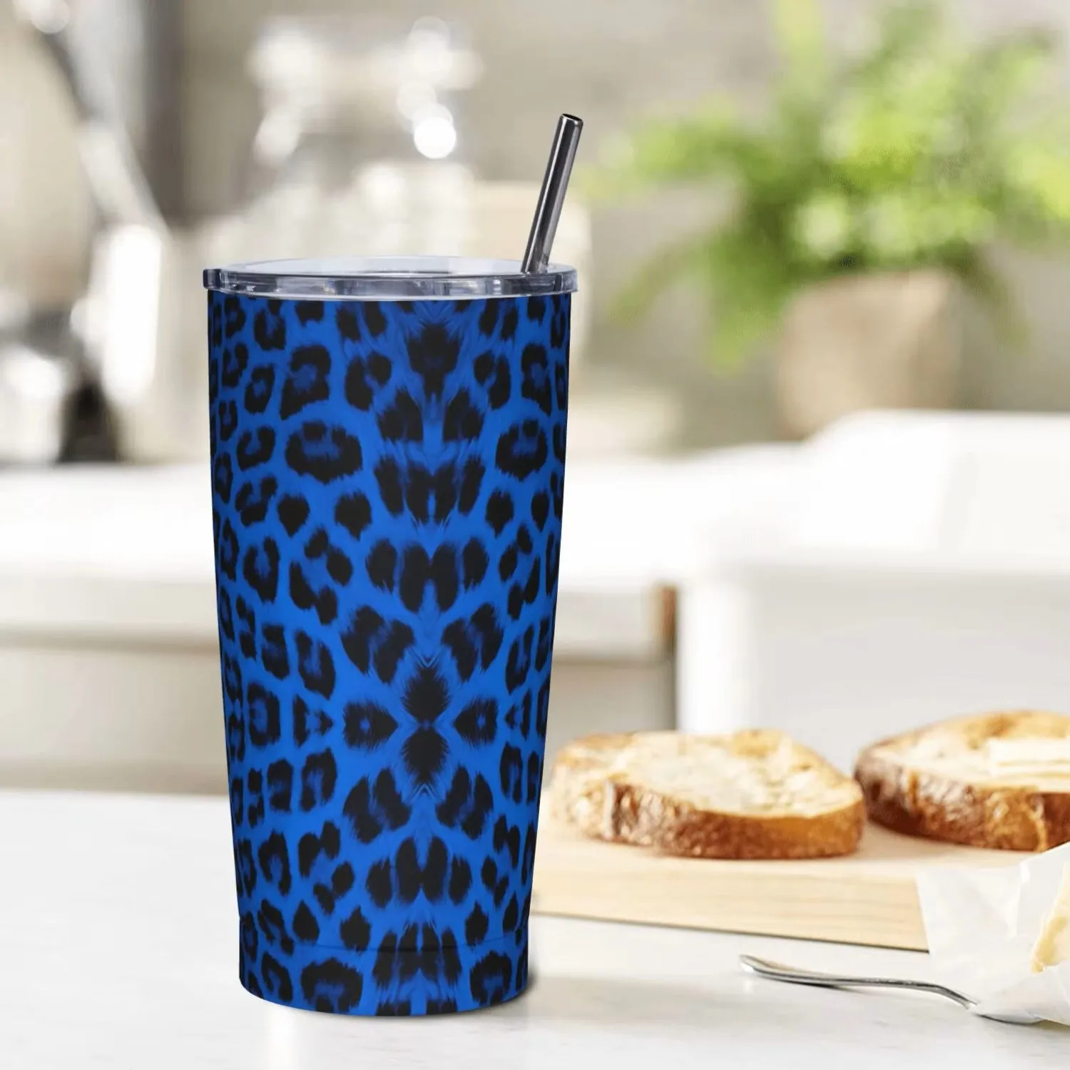 Blue Leopard Insulated Tumbler with Straws Simulated Print Stainless Steel Thermal Mug Office Home Bottle Cup, 20oz