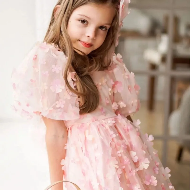 Baby Girl Princess Floral Tutu Dress Puff Sleeve Infant Child Pearl Tulle Vestido Pageant Party Birthday Baby Clothes 1-12Y