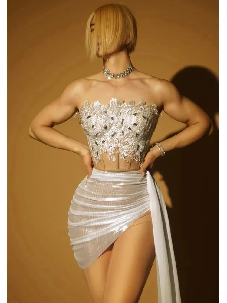 Women Strapless Backless Silver Ruched Mini Skirt Set Birthday Party Costume Bar Nightclub Stage Performance Clothing