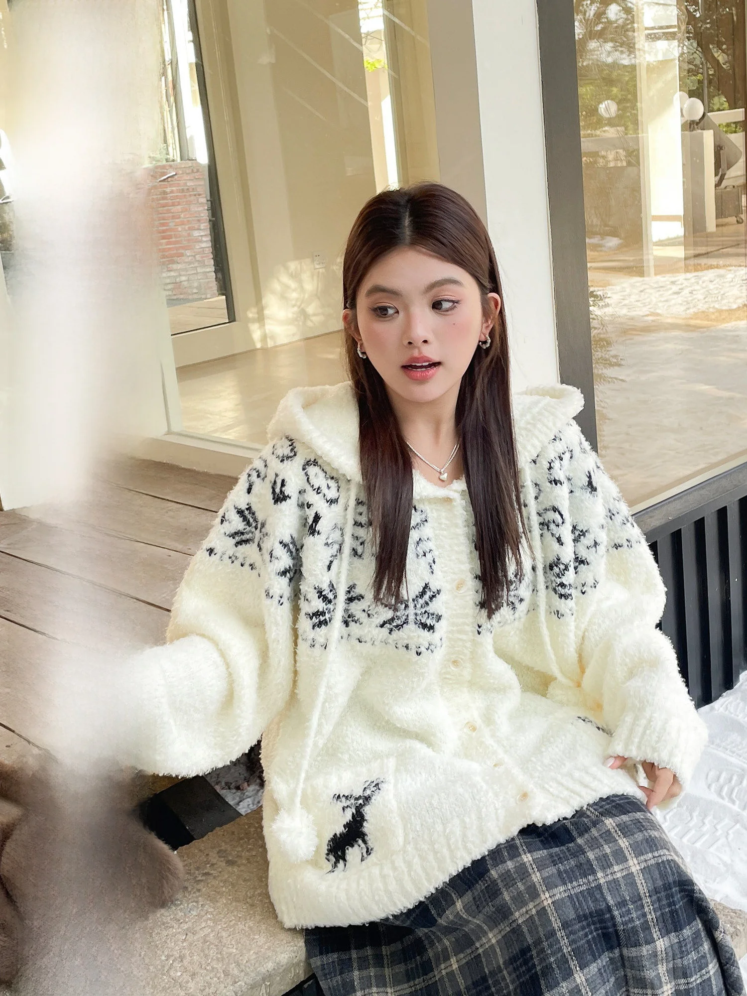 

Unique Beautiful Winter Thick Fair Isle Vintage Sweater Coat Large Size Women's Loose Hooded Open Cardigan Female Fashion