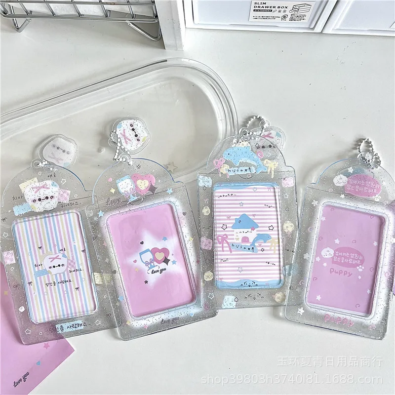 1Pc Korean INS Transparent Glitter PVC Card Holder Cute Girl Kpop 3-inch Star Idol Photo Card Storage Display Pendant for Bag