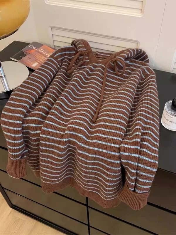 

Extra Large 300 Pou Mermaid Striped Knitwear Jaet Men Women Spring Autumn Thiened Hooded Vintage Sweatirt