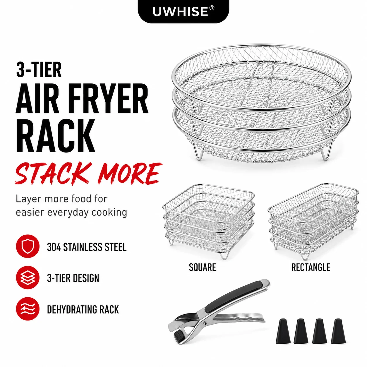 Uwhise Air Fryer Rack Accessories 3 Tier Stackable Stainless Steel Dehydrator Rack Round Square Oven Roasting Wire Basket
