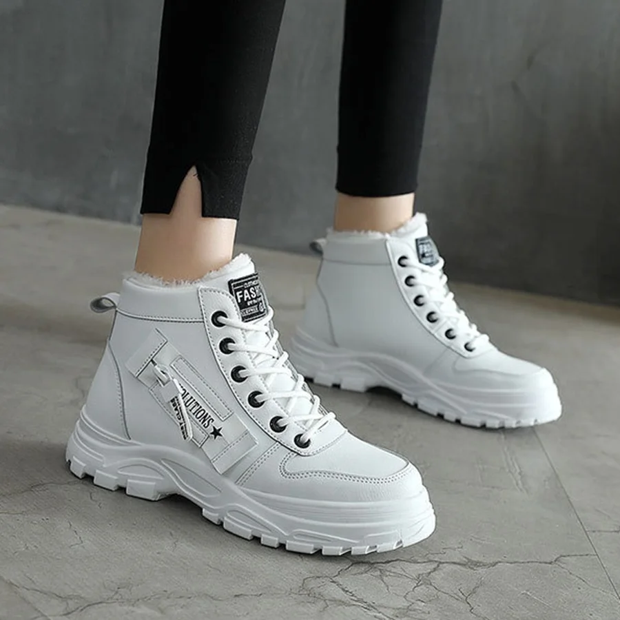 Women Sneakers winter shoes PU Leather trainers Woman Warm plush High Top sport shoes 2001