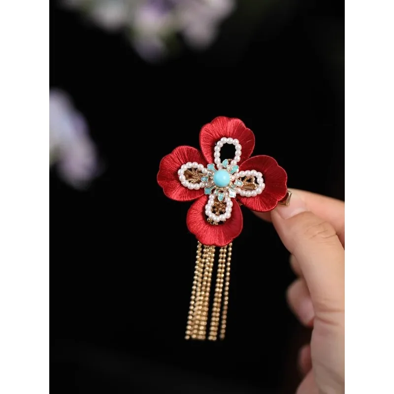 Handmade Chinese Wrapped Flower Ruyi Red New Year Tassel Side Hair Clip Girlish New Style Daily Wear Jewelry Gift for Women