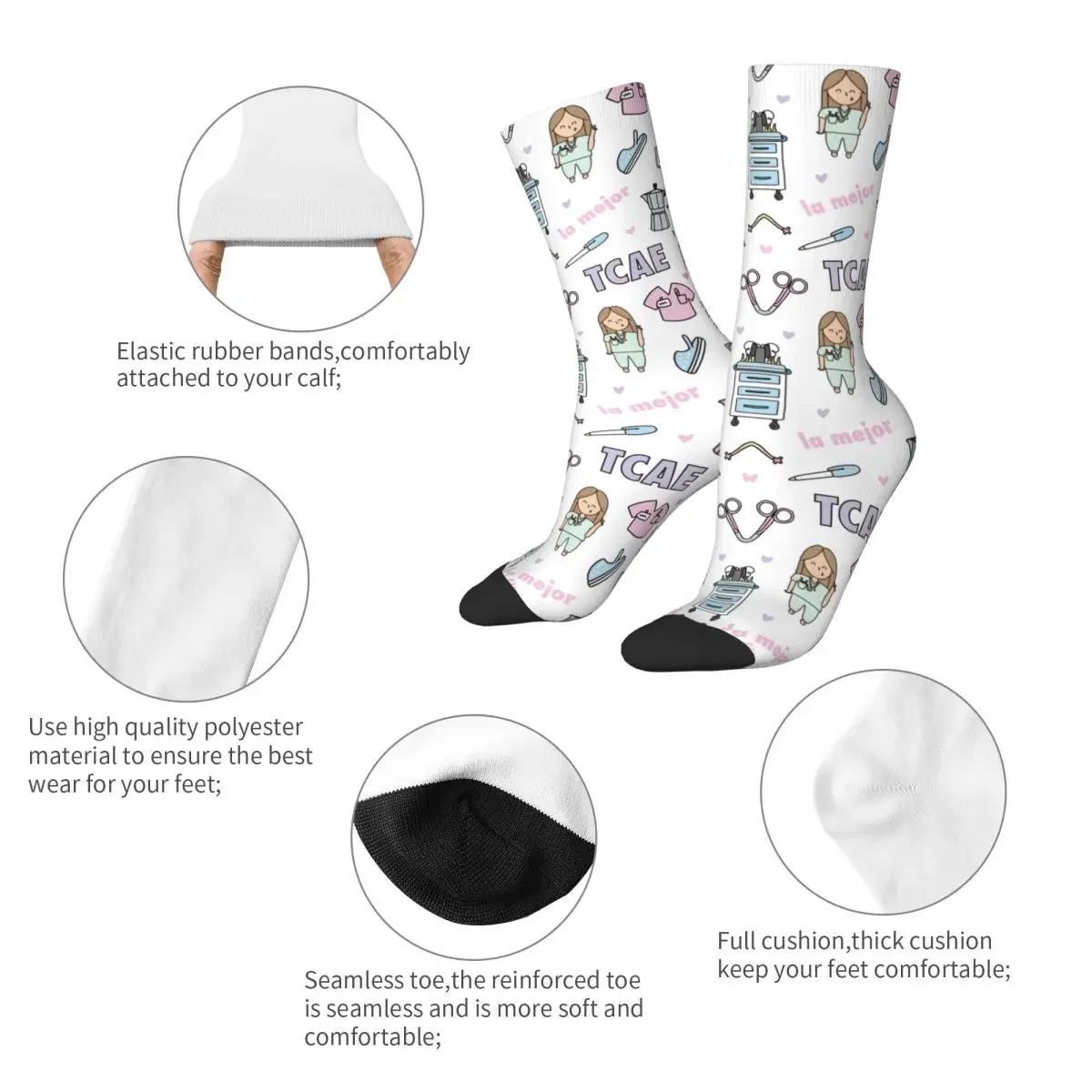 Śliczne kobiety lekarz pielęgniarka skarpetki Enfermera En Apuros akcesoria kreskówki damskie pielęgniarki Merch skarpetki graficzne pończochy przez cały sezon — zdjęcie 3