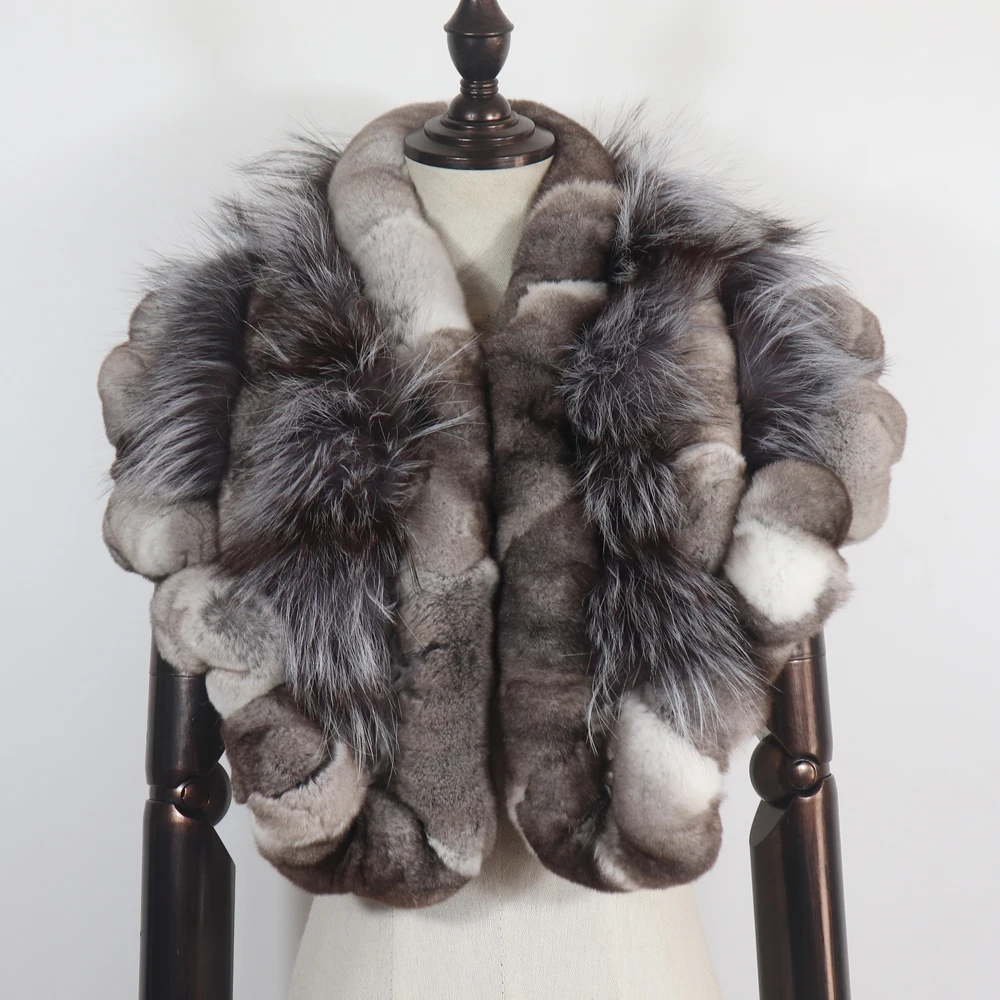 Neue warme, weiche Silberfuchs-Fellschals für Damen, Winter-Echt-Rex-Kaninchenfell-Schal, modischer Damen-Poncho aus 100% echtem Rex-Kaninchenfell. – Detail 6