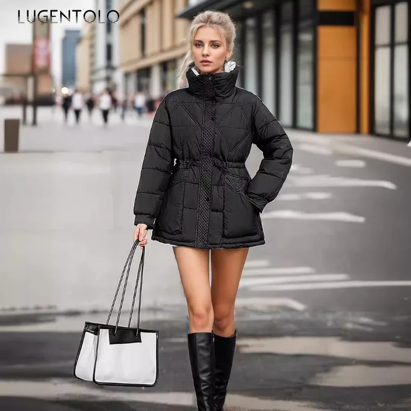 Women Casual Parkas 2024 Outdoor Thick Down Cotton Thermal Coat Fashion Stand Collar Drawstring Lace-up Waist-cinching Jacket