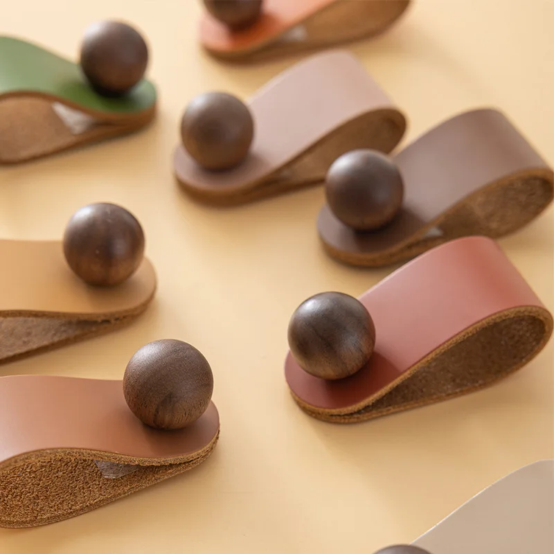 Top-Grain Leather Handle Anti-Collision Wardrobe Door Drawer Cabinet Pulls Black Walnut Genuine Leather Furniture Hardware