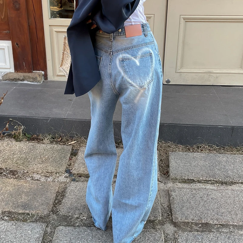 

High Waist Blue Wide Leg Jeans Women Loose Straight Denim Full Length Pants Female Lover Printed Pockets Jean Trousers 2897