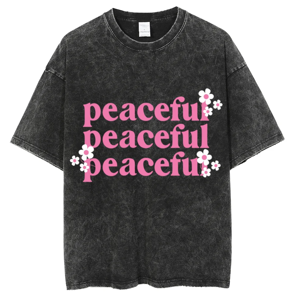 

New Peaceful Letter Graphic T-Shirt Oversize Crew Neck Unisex Cotton Short-Sleeved Washed Denim Men And Women Casual Wear