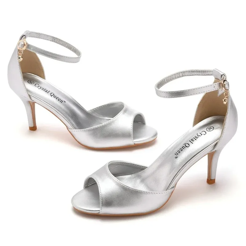 Women Sandals Ladies Elegant Pumps Open Toe Party Solid Silk 7.5CM Thin Heels Peep Toe Casual Strap Woman Shoes Dress White