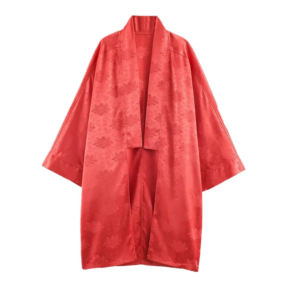 BOHO Jacquard Flower Satin No Button Long Bat Sleeve Kimono Cardigan Feather Cuff Warp Shirt Elastic Waist Long Pants Suits Sets