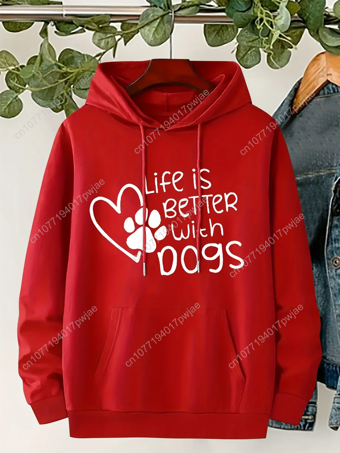 Толстовка с принтом лапы больших размеров, повседневная толстовка с карманом кенгуру «Жизнь лучше с собаками» и капюшоном на шнурке, с длинными рукавами F