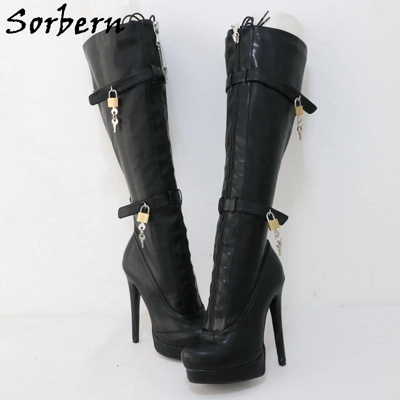 Sorbern Black Fetish Lockable Zipper Boots Women Knee High Double Straps With Locks Visible Platform High Heel Stilettos