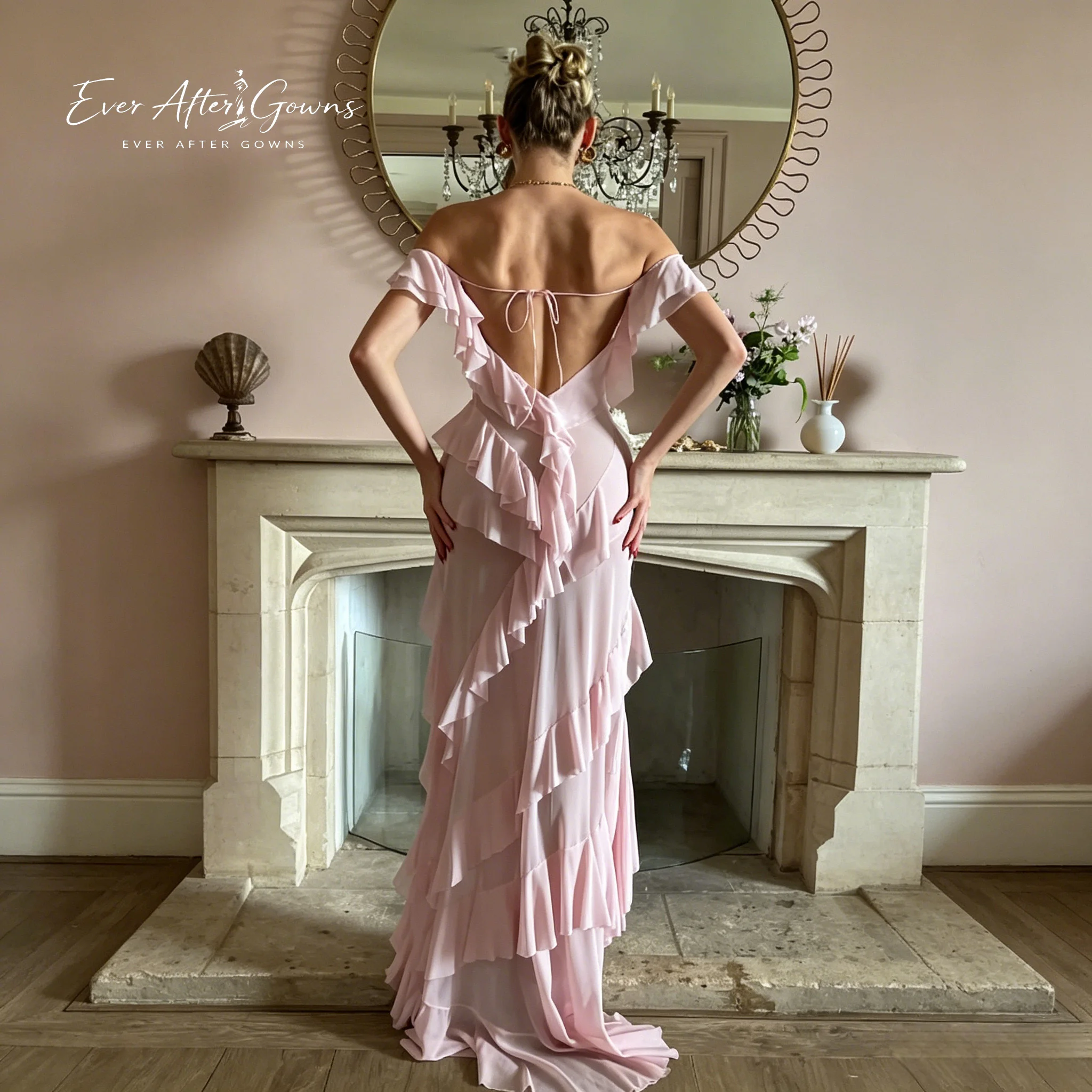 Ever After Gowns Blush Pink Off-Shoulder Formal Dress, Ruffled Chiffon Asymmetrical Maxi Gown for Wedding Guest & Cocktail Parti