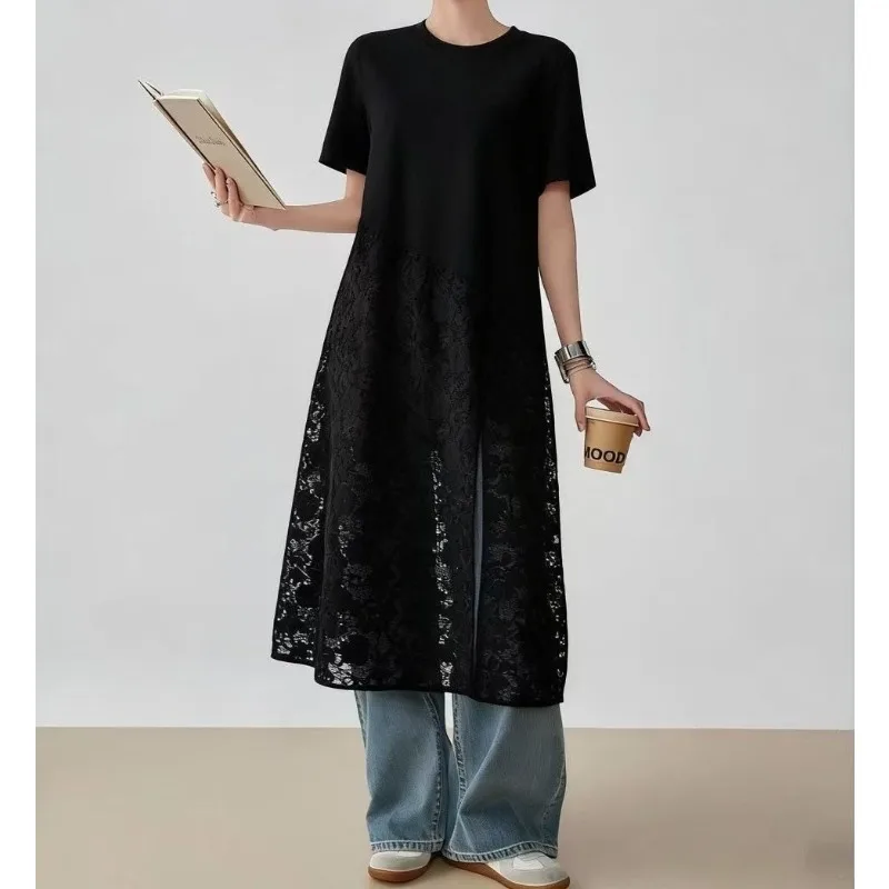 Summer Hollow Lace Splicing Loose and Thin Long Irregular Short-sleeved T-shirt Dress Women