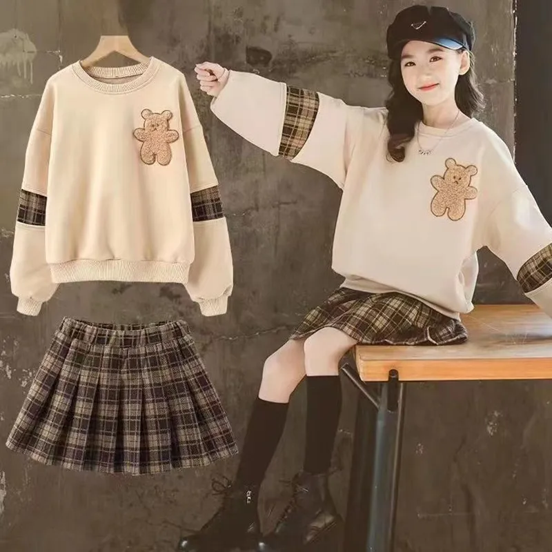 

2024 Autumn Winter Girls Clothes Teenager Bear Hoodie T shirt + Plaid Spring JK Pleated Skirt Uniform 4 5 6 7 8 9 10 11 12 Year