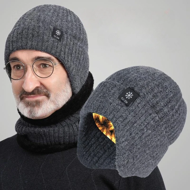 Men Winter Knitted Hat Plush Warmth Peaked Cap Outdoor Earmuff Casual Fashion Faux Fur Lined Bomber Hats Cycling Ear Protection