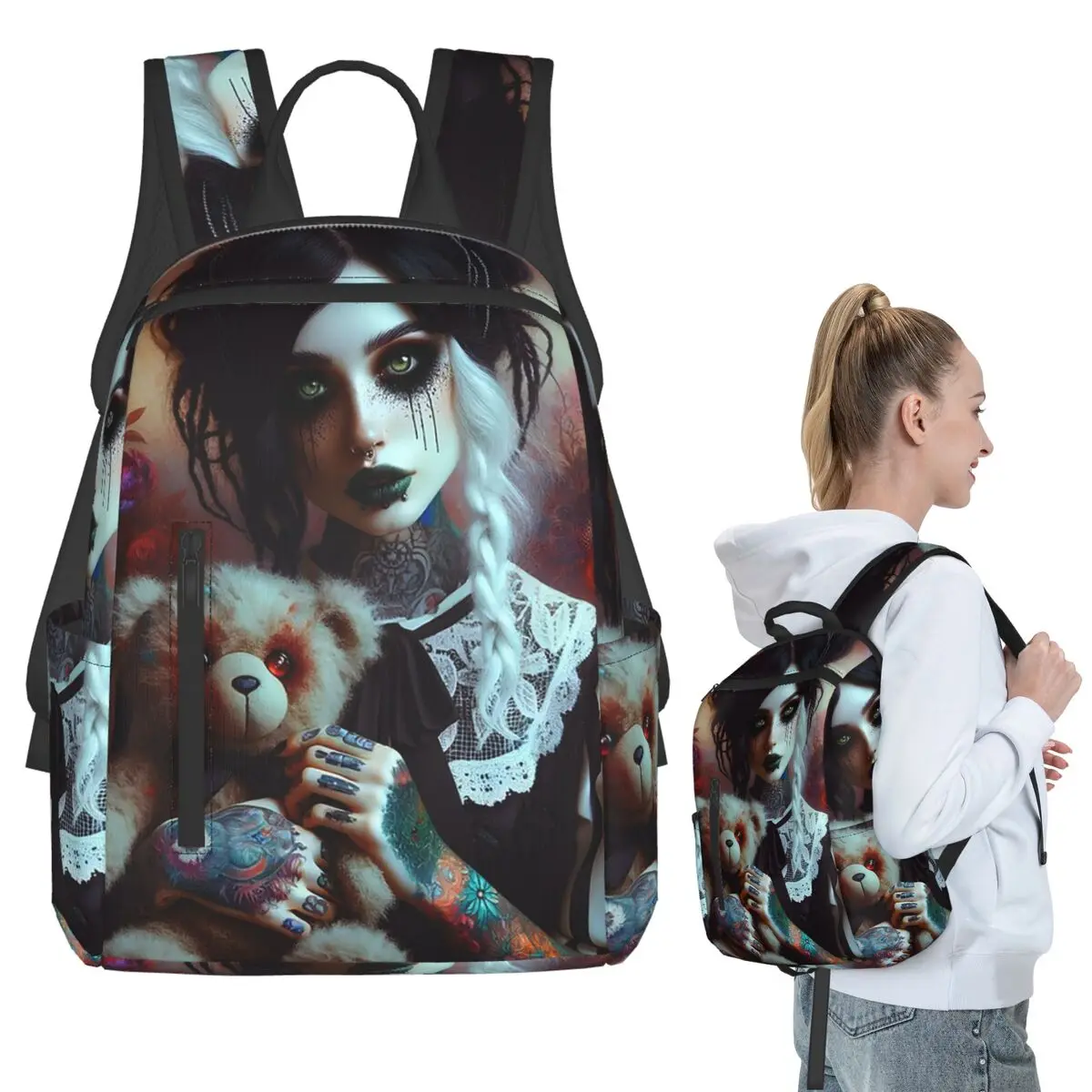 

Cartoon Gothic Girl And A Bear Doll Backpack Student BookBag Kids School Bag Computer Shoulder Bags Boys Girls